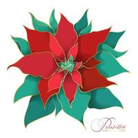 Poinsettia christmas blooming tree. A branch of green and red silk leaves with a filigree golden line in an Asian trend. Elegant and luxurious decorations for the Christmas celebrations