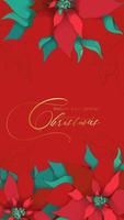 Banner de historias web de saludo de seda roja de poinsettia navideño con los mejores deseos en un estilo elegante. hojas de seda rojas y verdes sobre un fondo rojo. decoraciones de celebración de gala de navidad y año nuevo vector