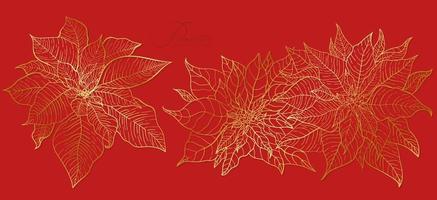 Red Poinsettia inflorescence in an elegant golden line. Elements for Christmas and New Year holidays decorations. vector