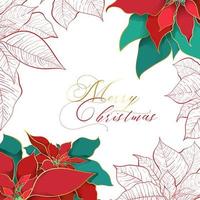 Silk Poinsettia Christmas square background for social networks. Red and green silk leaves with golden line on a white background. Christmas and New Year elegance decor vector