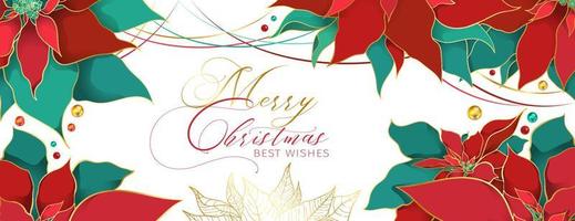 Christmas Poinsettia modern header in an elegant luxury style. Red and green silk leaves with golden line on a white background. Christmas and New Year social networks decor vector