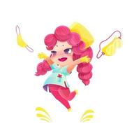 Cartoon pink hair violet eyes nurse jumping for joy. Stop pandemic and masks and safety goggles out. Drawing in the style of manga and anime in bright colors vector