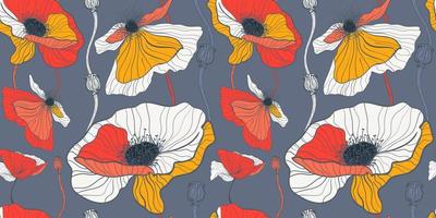 Meadow for summer wild flowers. Seamless pattern with white and red poppies on dark gray background vector