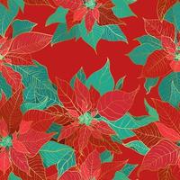 Winter Poinsettia seamless pattern for Christmas packaging and wrapping paper or textiles. Poinsettia silk leaves with golden line on a gala red background. vector