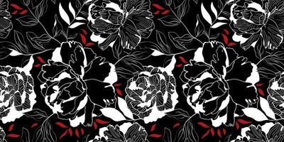 White and red linear peony floral black seamless pattern. Botanical sketch decor for textile and wallpaper with pink background vector