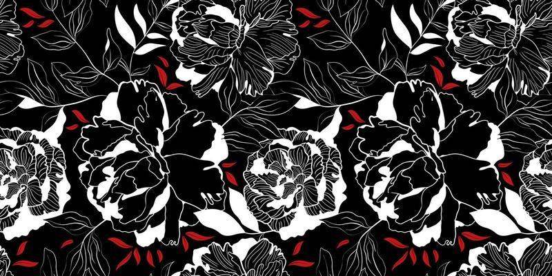 White and red linear peony floral black seamless pattern. Botanical sketch decor for textile and wallpaper with pink background