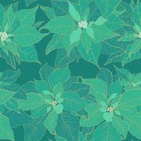 Christmas Poinsettia green seamless pattern in an elegant decorative style. Green leaves with golden line on a green background. Design for Christmas packaging and wrapping paper or textiles vector