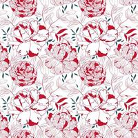 Peony red and white floral seamless pattern. Botanical linear decor for textile and wallpaper with pink background vector