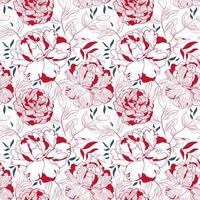 Peony red and white floral seamless pattern. Botanical linear decor for textile and wallpaper with pink background vector