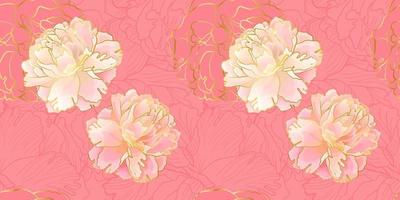 Peony floral seamless pattern with colden line in an soft pink color. Botanical decor for textile and wallpaper vector