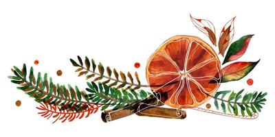 Composición de acuarela navideña con ramas de abeto y naranjas y canela sobre fondo blanco. decoración para lindos textiles navideños y de año nuevo y papel de regalo y tarjetas de felicitación vector