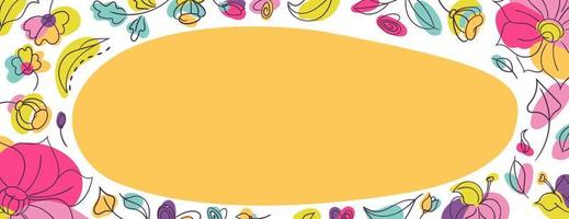 Summer floral seasonal cover web page with yellow spot background. Flowerbed with bright neon colors. White backdrop vector