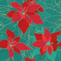 Christmas Poinsettia green red seamless pattern in elegant decorative style. Green red leaves with golden line on a cool green background. Design for Christmas packaging and wrapping paper or textiles vector