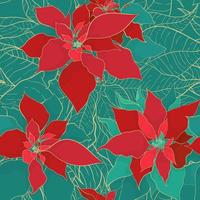 Christmas Poinsettia green red seamless pattern in elegant decorative style. Green red leaves with golden line on a cool green background. Design for Christmas packaging and wrapping paper or textiles vector