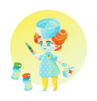 Cute blonde woman doctor with syringe and boxing with medicine. Chibi character, kids cartoon illustration vector