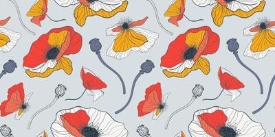 Floral seamless pattern with white and red poppies on light gray background. Summer botanical textiles pattern. vector