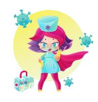 Superhero doctor with vaccine box stop the pandemic. Drawing in the style of manga and anime in bright colors vector