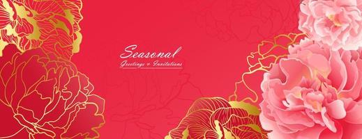 Soft red peony header banner with colden line in oriental gentle color palette. Botanical decor for printing and web ans social networks vector