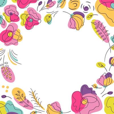 Summer bright floral background for social network post or square postcard. Flowerbed with bright neon colors. White background