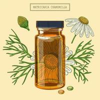 Medical Chamomile branch and vial and pills