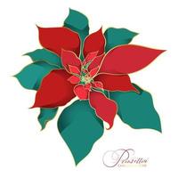 flor de nochebuena estrella de navidad. una rama de hojas de seda verde y roja con una línea dorada de filigrana en una tendencia asiática. decoraciones elegantes y lujosas para las celebraciones navideñas vector