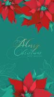 Christmas Poinsettia green silk greeting web stories banner with Best Wishes in an elegant style. Red and green silk leaves on a cool green background. Christmas and New Year celebration gala decor vector