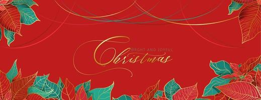 Christmas Poinsettia red greeting header in an elegant decorative style. Red and green leaves with golden line on a red background. Christmas holidays social networks decor vector