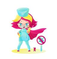 Superhero nurse and her toy bear stop the virus. Drawing in the style of manga and anime in bright colors vector