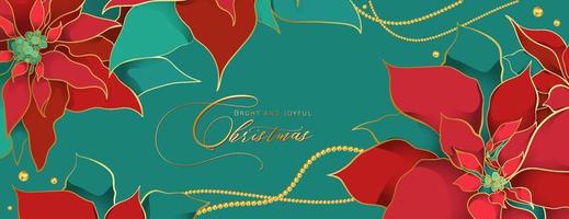 Christmas Poinsettia green header in an elegant luxury style. Red and green silk leaves with golden line on a green background. Christmas and New Year social networks decor vector