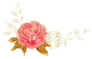 viñeta decorativa floral con flores de peonías rosas y doradas. Decoración de elegancia botánica para bodas y celebraciones románticas, para el diseño de cosméticos o perfumes. vector