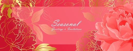 Soft red peony header banner with colden line in oriental gentle color palette. Botanical decor for printing and web ans social networks vector