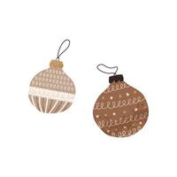 Hand drawn Christmas balls in hygge style, flat vector illustration isolated on white background. Golden scandinavian tree decoration for winter holidays.