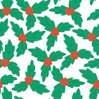 Holly plant Christmas vector seamless pattern. Winter background with berry and leaf.