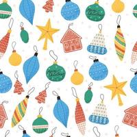 lindo patrón de Navidad con bolas de colores y juguetes para la decoración del árbol, ilustración vectorial plana en blanco. Fondo transparente para vacaciones de invierno y papel de regalo. vector