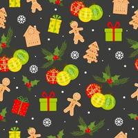 Seamless pattern with gingerbread, gifts boxes, Christmas balls on dark background. New Year decoration. Vector illustration