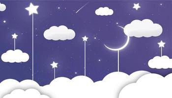 Blue sky with clouds and shiny stars and moon vector illustration, simple night sky illustration