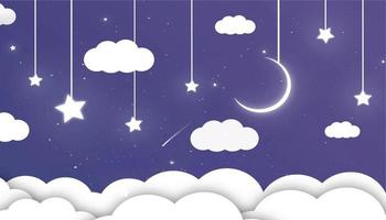 Blue sky with clouds and shiny stars and moon vector illustration, simple night sky illustration