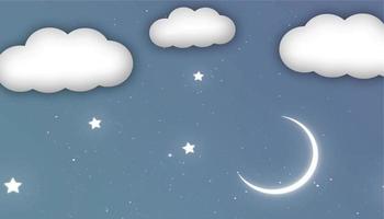 Blue sky with clouds and shiny stars and moon vector illustration, simple night sky illustration