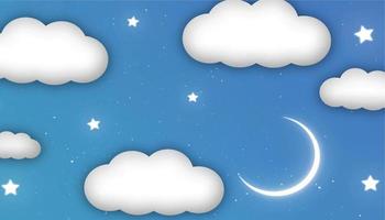 Blue sky with clouds and shiny stars and moon vector illustration, simple night sky illustration