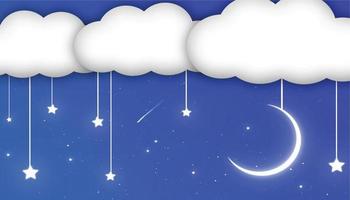 Blue sky with clouds and shiny stars and moon vector illustration, simple night sky illustration