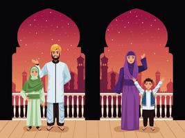 familia musulmana en el balcón vector