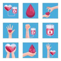 nueve iconos de donantes de sangre vector