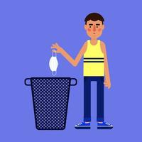 Man throwing mask in the trash. Boy throwing used surgical mask in the trash. vector