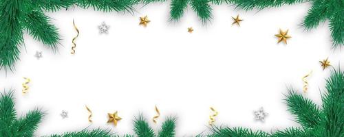 Merry Christmas and Happy New Year frame border. Banner with Christmas tree branches, gold star, and confetti. vector