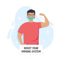 Mejora tu sistema inmunológico letras con hombre fuerte con máscara médica