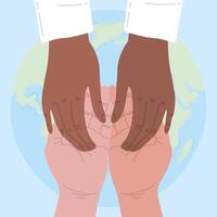 interracial hands persons unity with earth planet vector