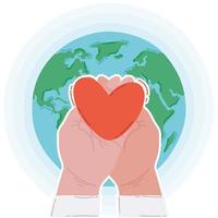 hands human lifting heart in earth planet vector