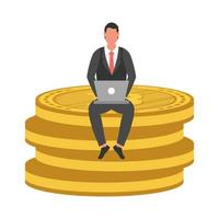businessman using laptop seated in bitcoins vector