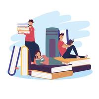 group of three readers with books ,book day celebration vector