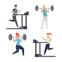 bundle of four persons practicing fitness sports characters vector